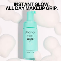 Dreamlit foam primer being dispensed shows airy texture that grips makeup for long wear