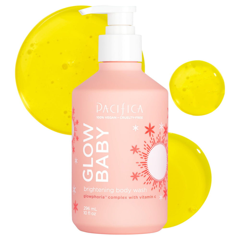 Pacifica Glow Baby Brightening Body Wash bottle with vitamin C boosts radiance during daily showers