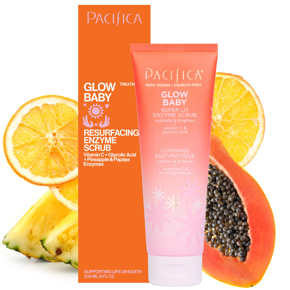 Pacifica Glow Baby Scrub bottle on vanity ready for a brightening cleanse.
