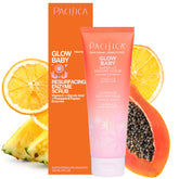 Pacifica Glow Baby Scrub bottle on vanity ready for a brightening cleanse.