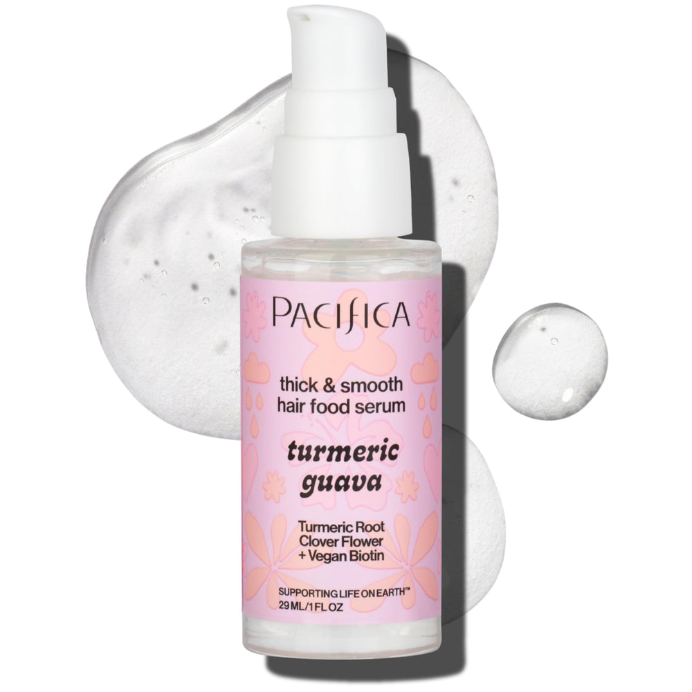 Pacifica Invisible Calming Hair Serum bottle on a bathroom shelf for easy frizz control.