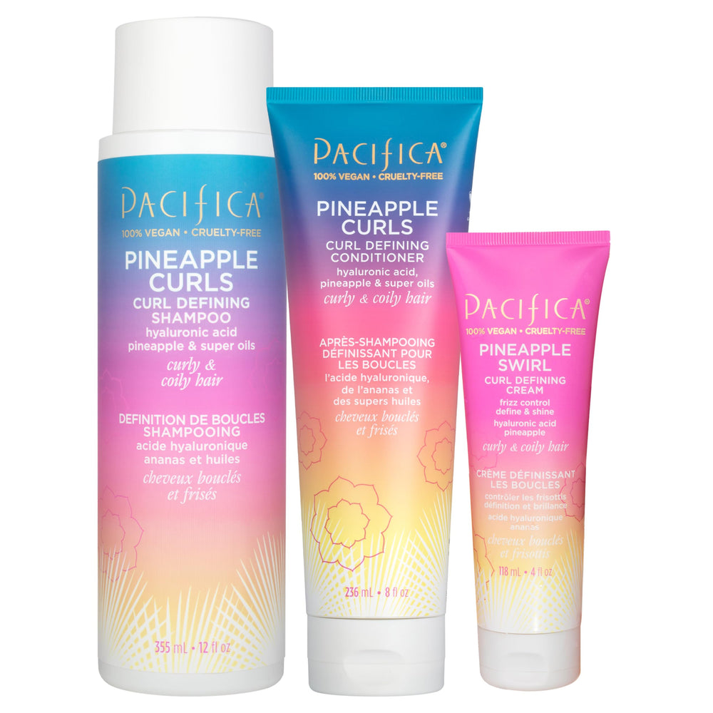 Pacifica Pineapple Curls Shampoo bottle shows gentle, sulfate-free cleansing for defined curls.