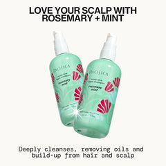 Pacifica Rosemary Mint shampoo foam lather massaging into hair for cleansing action.