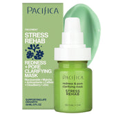 Pacifica Stress Rehab mask bottle close-up showing calming redness relief.