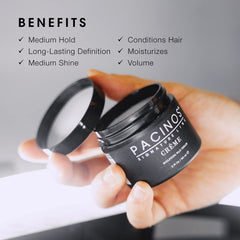 Pacinos Creme texture and hold demonstrates medium hold for textured styles