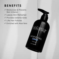 Pacinos Shave Gel clear texture being dispensed for precise beard detailing.