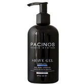 Pacinos Shave Gel bottle on counter shows cooling formula for a refreshing shave.