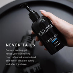 Pacinos Shave Gel delivers a smooth glide with a clear gel formula.