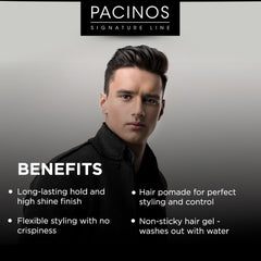 Hands applying Pacinos SLEEK pomade for a smooth, flexible hold.