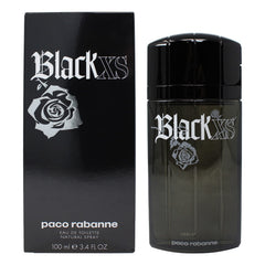 Paco Rabanne BLACK XS bottle back, sleek details for a bold personal statement.