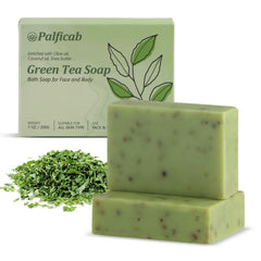 PALFICAB Green Tea Soap bars on a wooden tray, antioxidant-rich formula for balanced skin.