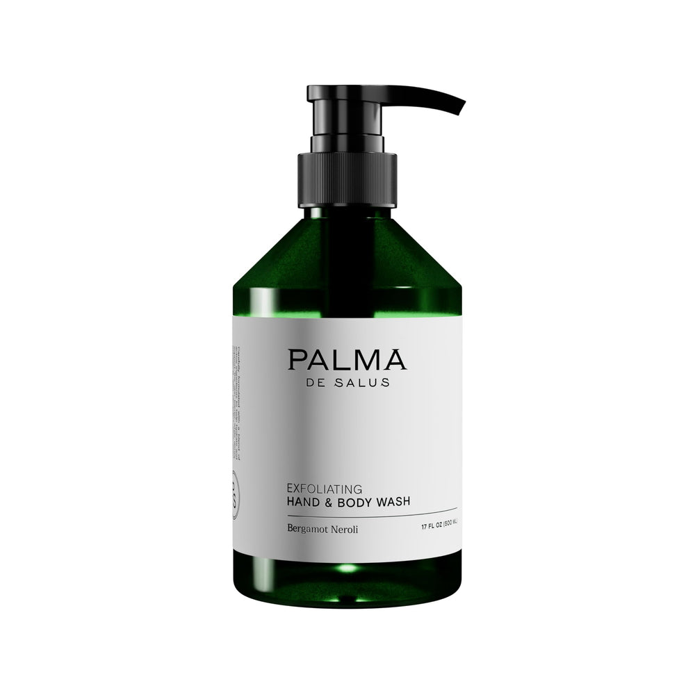 Palma de Salus Exfoliating Wash bottle with sustainable packaging for daily cleansing.