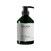 Palma de Salus Exfoliating Wash rose bottle on bathroom shelf for daily hydrating cleansing.