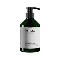 Palma de Salus Exfoliating Wash rose bottle on bathroom shelf for daily hydrating cleansing.