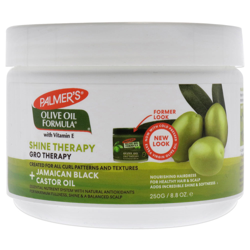 Palmer's Olive Oil Formula Gro Therapy bottle delivers rich moisture for soft, manageable hair.
