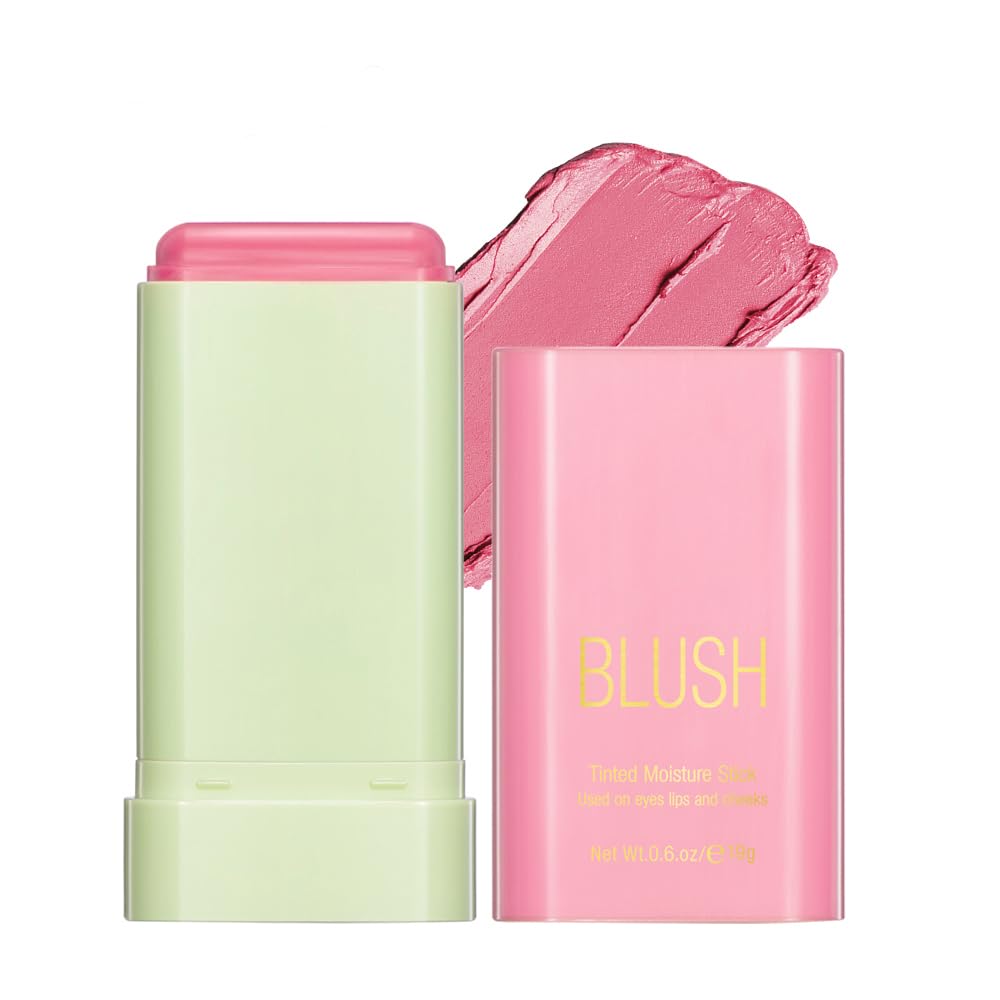 Paminify blush stick in shy pink applying on cheek for a natural flush.