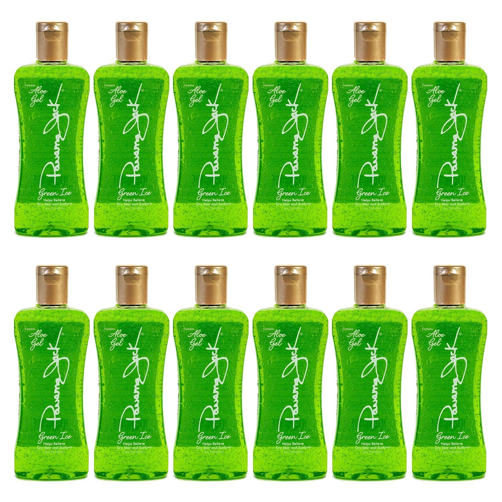 Panama Jack Green Ice Gel bottle showing cooling, hydrating after-sun relief for dry skin.