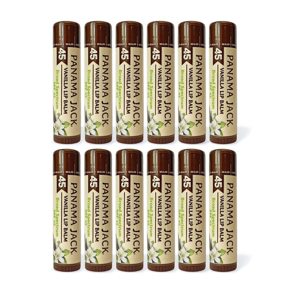 Panama Jack Sunscreen Lip Balm vanilla application; smooth hydration with SPF 45 protection.