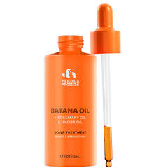 Panda's Promise Batana Oil bottle ready for daily use, promotes moisturized, shiny hair.