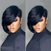 PangDongLai pixie cut wig close-up showing natural black 1b shade and soft texture