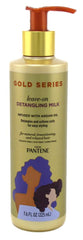 Pantene Gold Series Leave-In Detangling Milk bottle close-up with argan oil imagery, nourishing shine