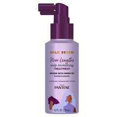 Pantene Gold Series New Lengths Scalp Treatment bottle highlights green tea for healthy scalp.
