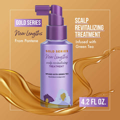 Pantene Gold Series scalp treatment features green tea infusion bottle for moisturized scalp.