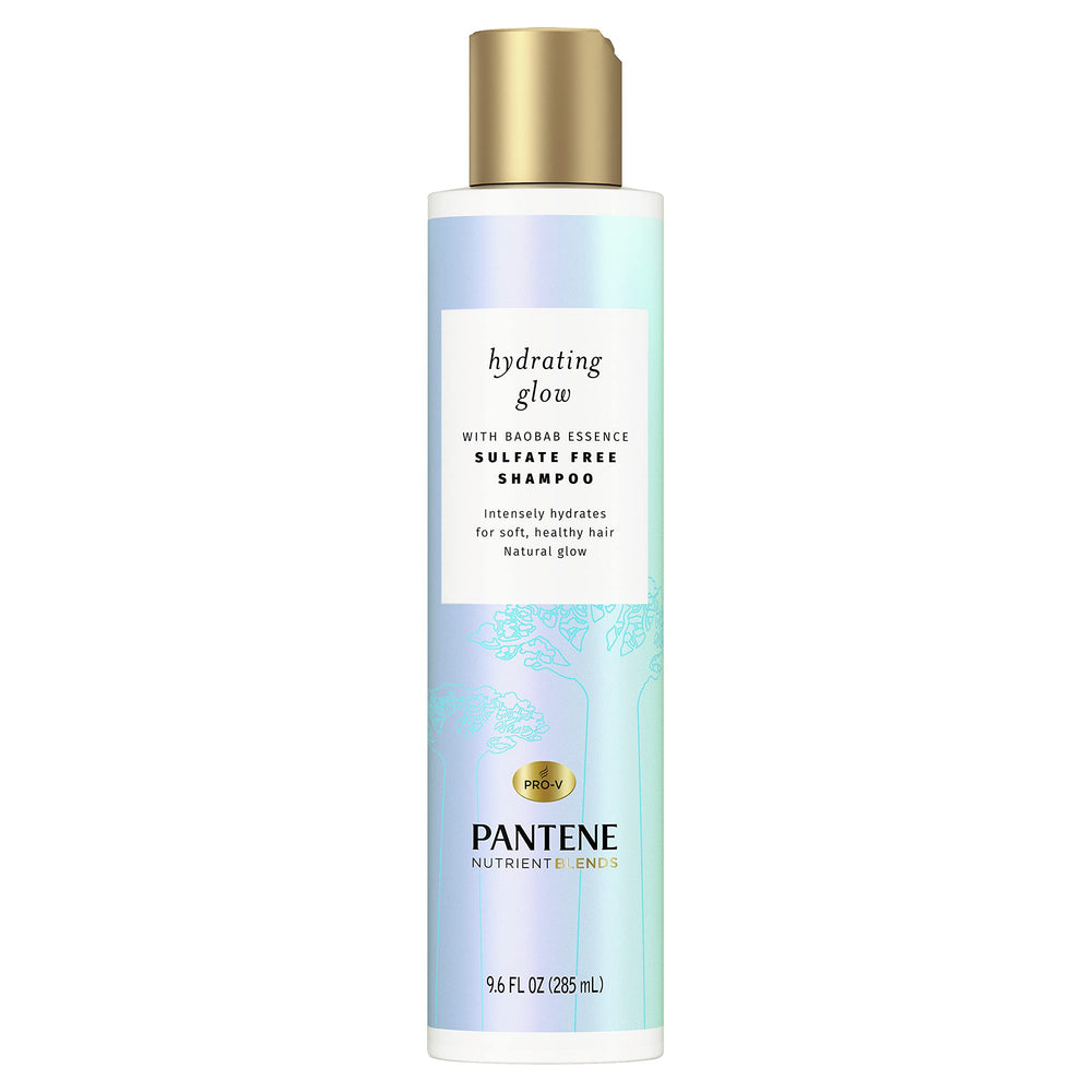 Pantene Hydrating Glow baobab bottle front shows sulfate-free formula delivering gentle hydration