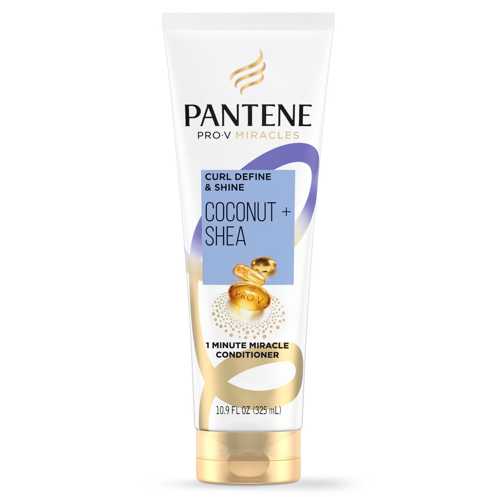 Pantene Pro-V Miracles Curl Define & Shine bottle close-up highlighting coconut and shea nourishment.