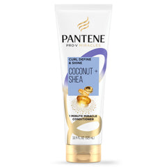 Pantene Pro-V Miracles Curl Define & Shine bottle close-up highlighting coconut and shea nourishment.