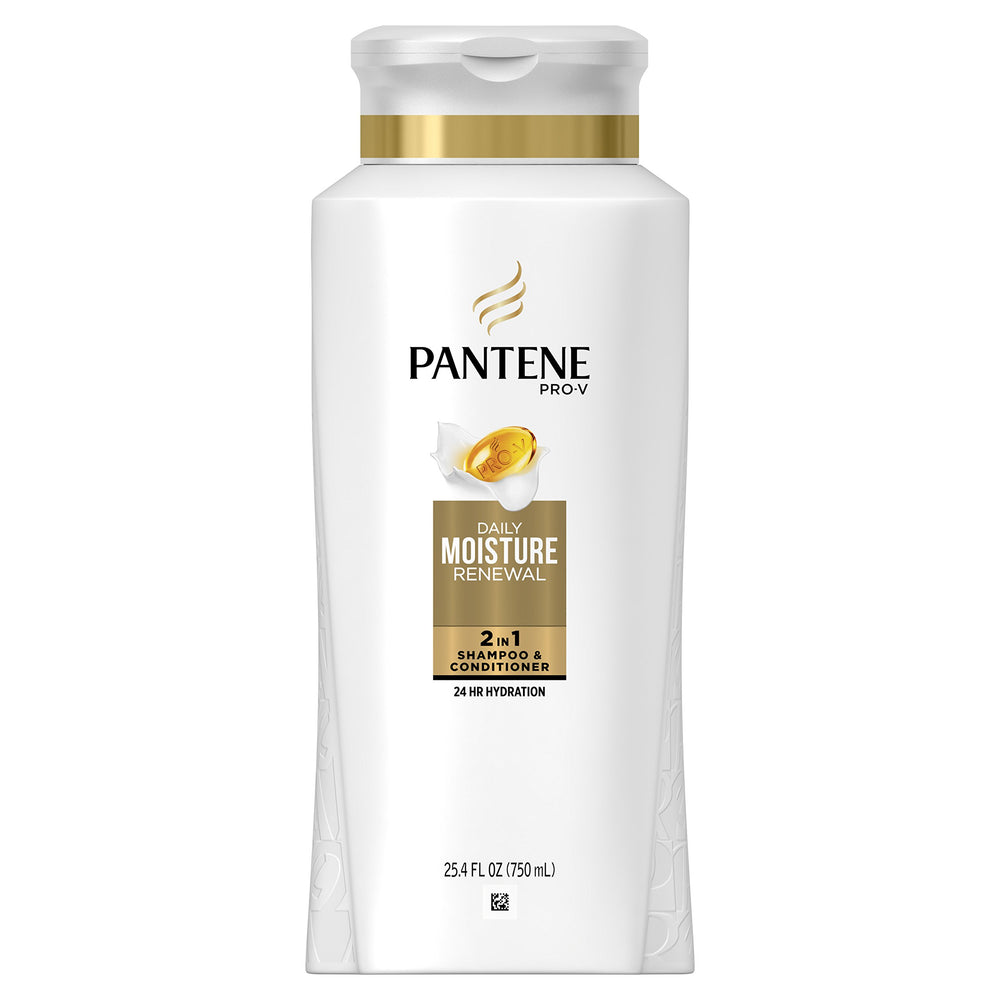 Pantene Pro-V Daily Moisture Renewal 2-in-1 shampoo bottle for smooth detangling and hydration.