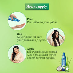 Parachute Advansed Aloe Vera Coconut Hair Oil in hand ready for scalp massage.