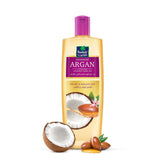 Parachute Advansed Argan Hair Oil bottle shows coconut blend for nourishment.