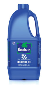 Parachute coconut oil bottle pour shows pure, versatile use in cooking and skin care.