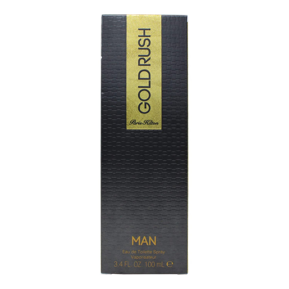 Paris Hilton Rush Man Gold bottle front view showing premium design for daily wear.