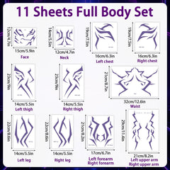 Party Greeting purple demon arms tattoos for dynamic character styling.