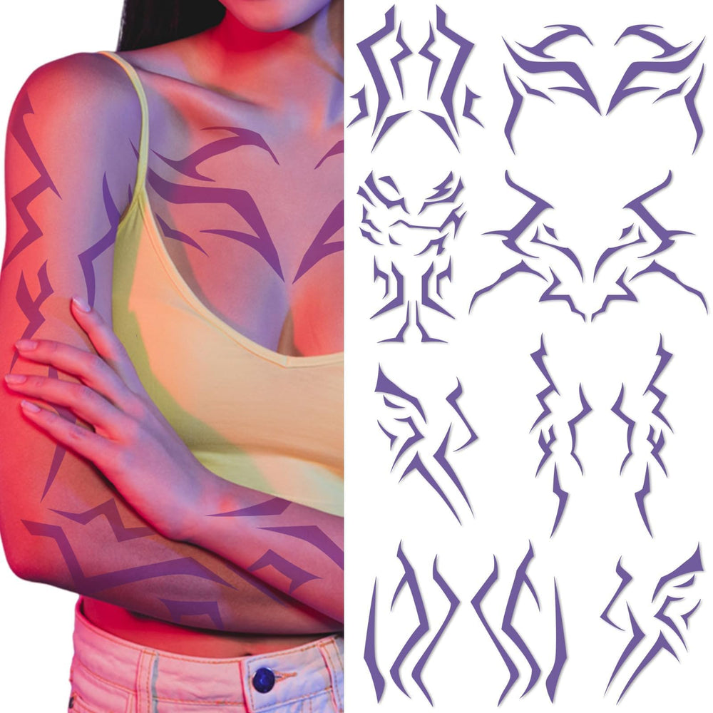 Party Greeting purple demon face tattoos for cosplay and party looks.