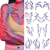 Party Greeting purple demon face tattoos for cosplay and party looks.
