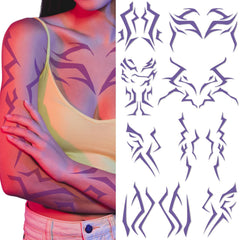 Party Greeting purple demon face tattoos for cosplay and party looks.