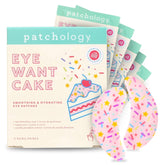 Patchology Eye Want Cake packaging showcases birthday cake theme for pampering.