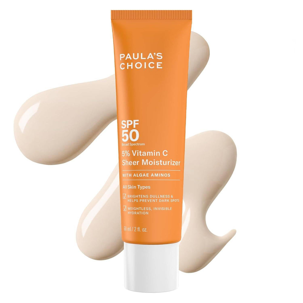 Paula's Choice 5% Vitamin C Sheer Sunscreen bottle pump, easy daily application.
