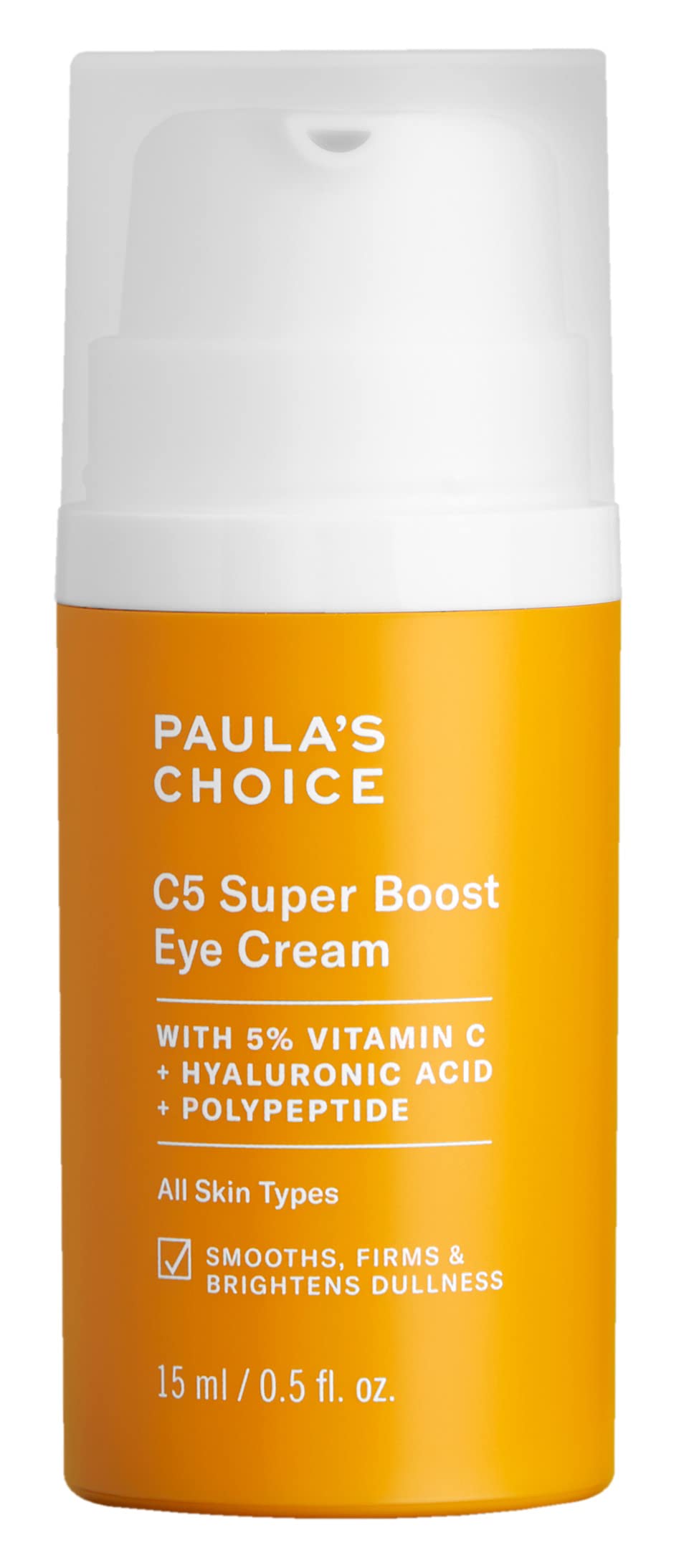Paula's Choice C5 Super Boost Eye Cream bottle highlighting potent vitamin C for brightening under-eye skin