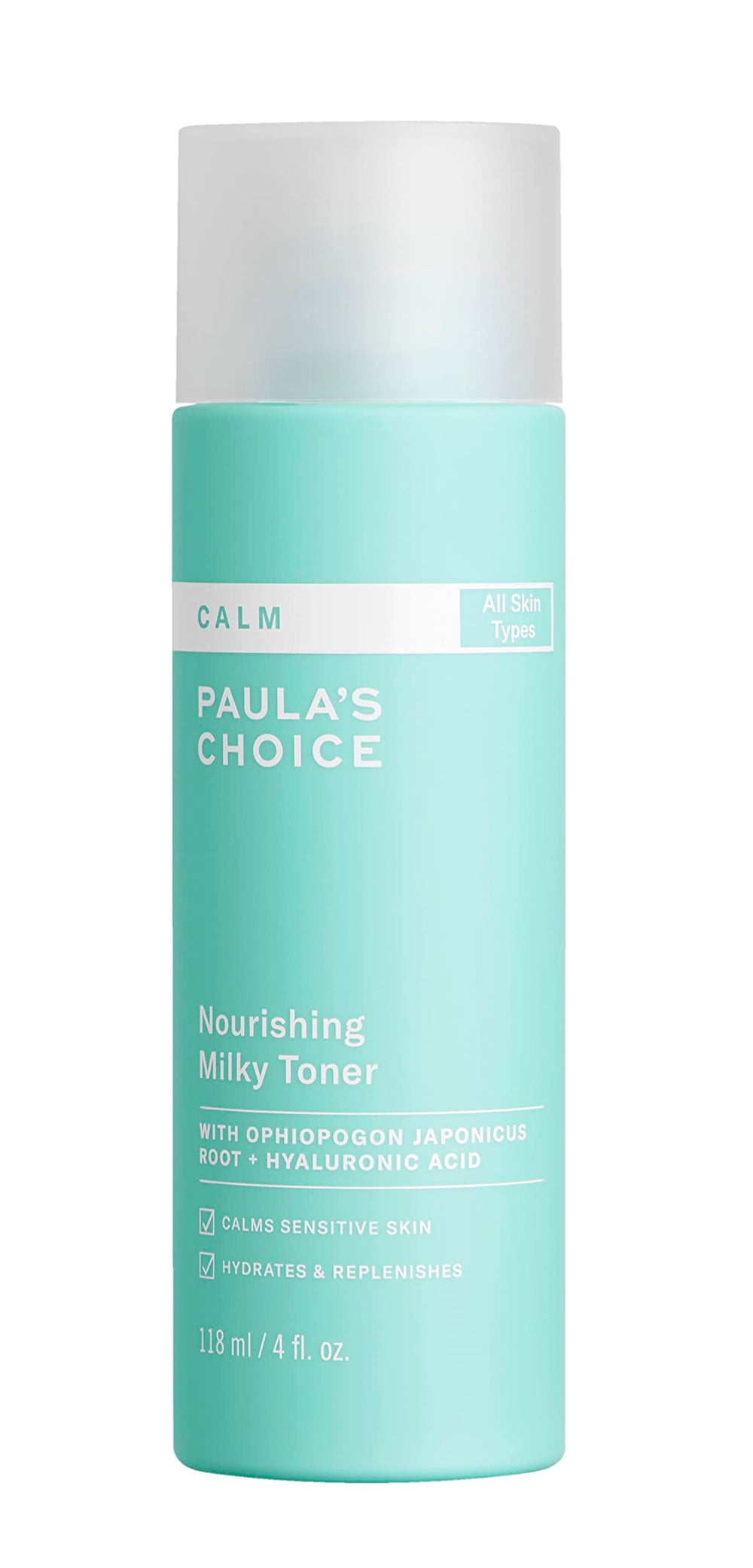 Paula's Choice Calm Nourishing Milky Toner bottle provides gentle, fragrance-free hydration for sensitive skin.