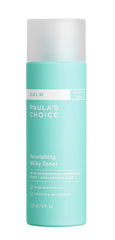 Paula's Choice Calm Nourishing Milky Toner bottle provides gentle, fragrance-free hydration for sensitive skin.