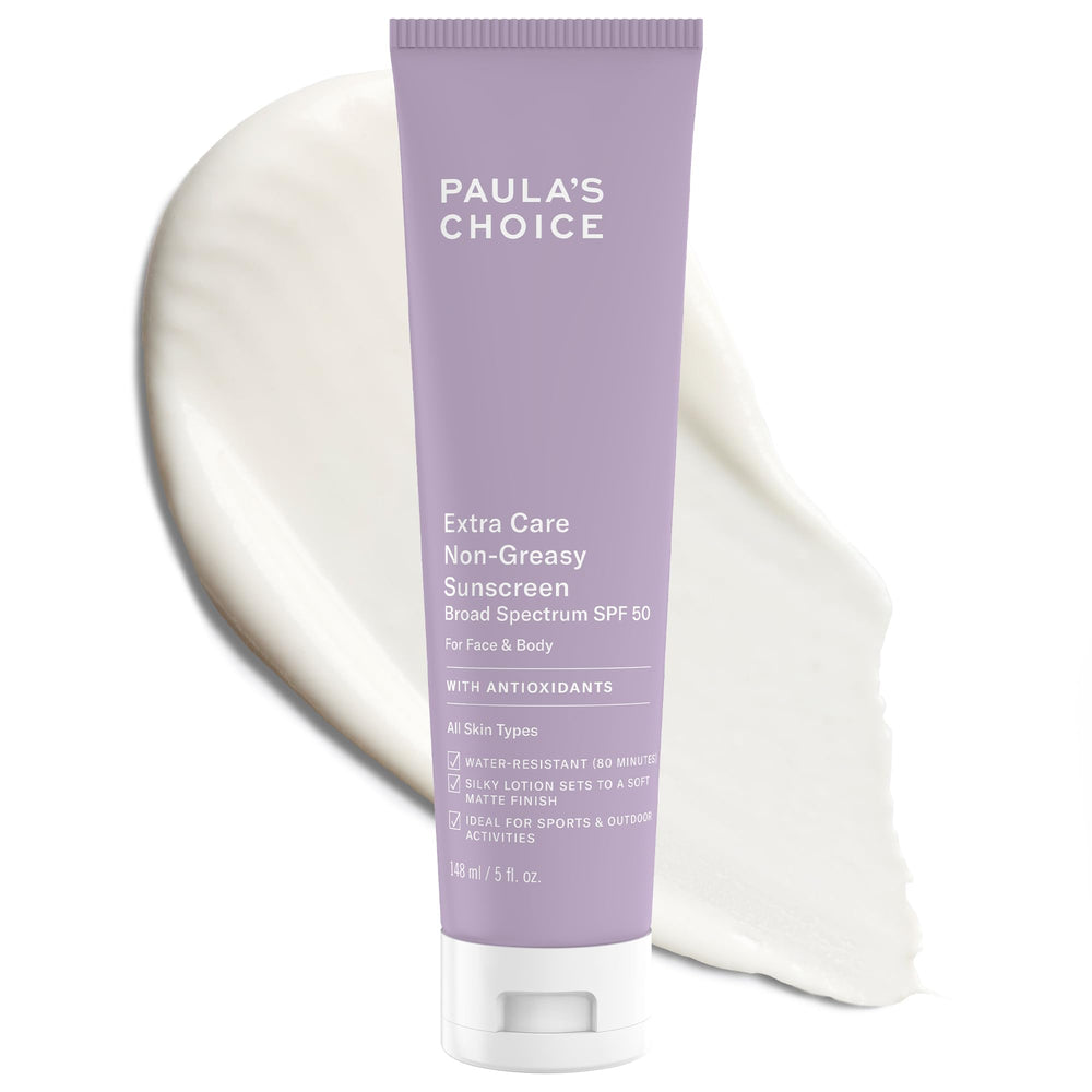 Paula's Choice Extra Care oil-free sunscreen face bottle offering SPF 50 for daily use