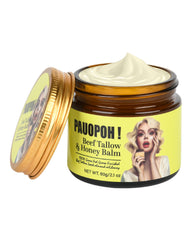 PAUOPOH beef tallow balm jar close-up shows natural ingredients for hydration
