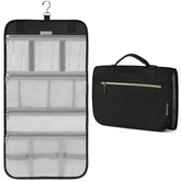 PAVILIA hanging toiletry bag compact on hook keeps essentials organized while traveling.