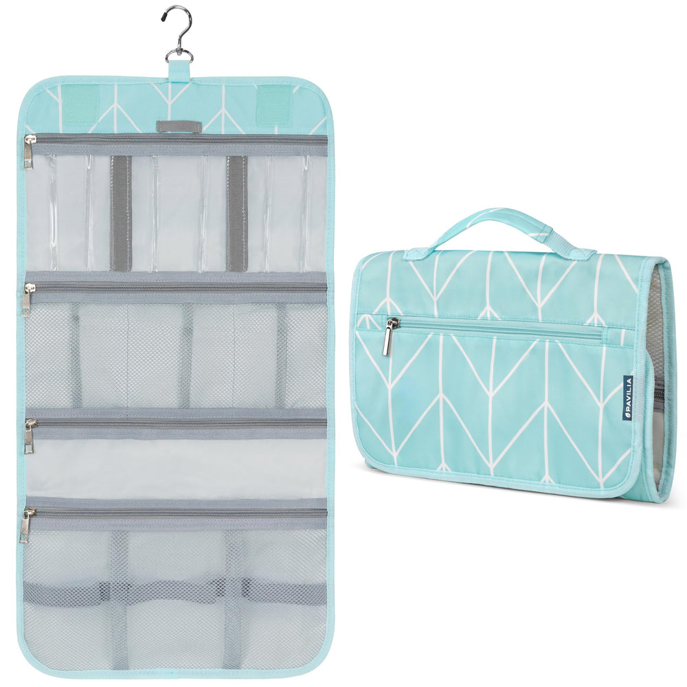 PAVILIA hanging toiletry bag teal-chevron closed for tidy travel organization.