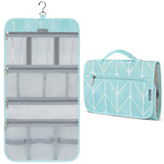 PAVILIA hanging toiletry bag teal-chevron closed for tidy travel organization.