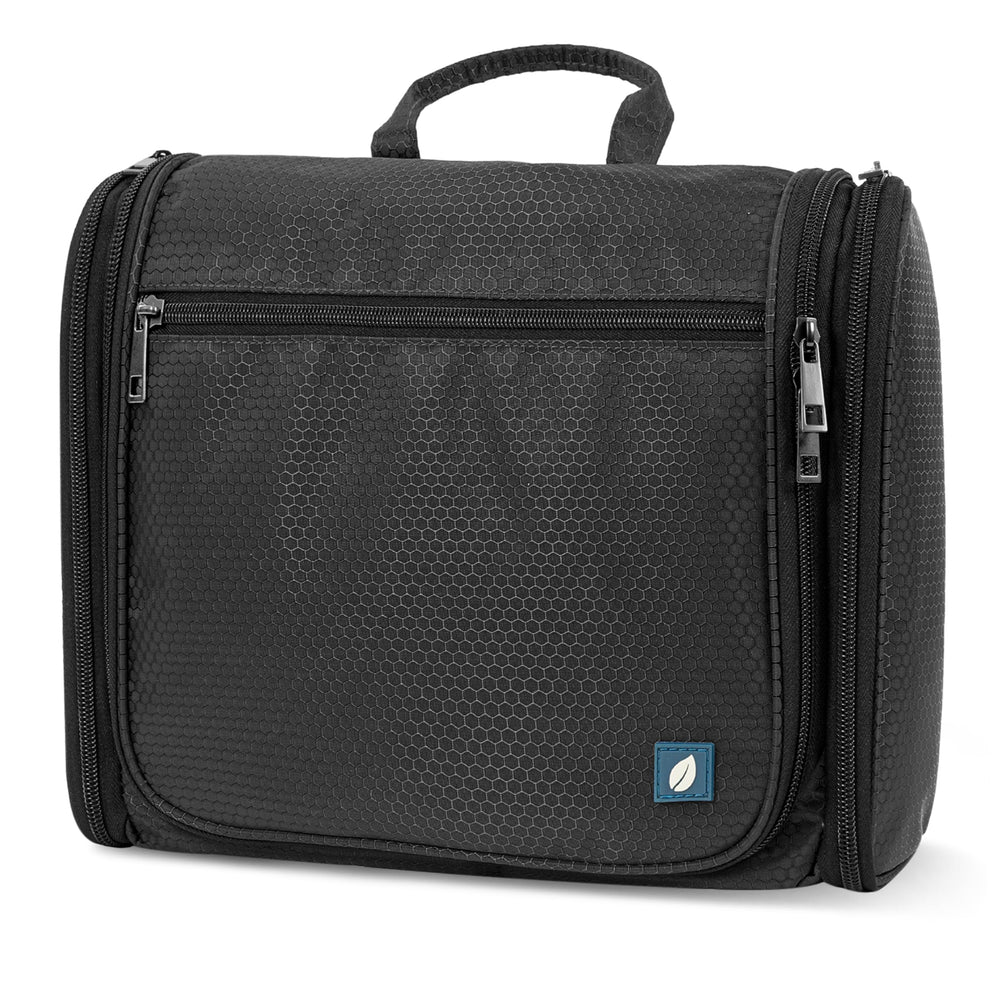 PAVILIA large hanging toiletry bag folded, ready for packing and travel organization.